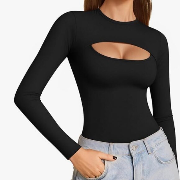 ALGALAROUND Women's Cutout Long-Sleeve Top *Not a Bodysuit* (Size L, Black) - Picture 1 of 5